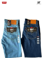 Two pairs of blue jeans with Levi's branding on a white background