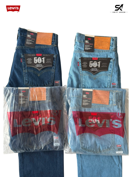 Two pairs of Levi's jeans in blue and light blue packaging on a white background.