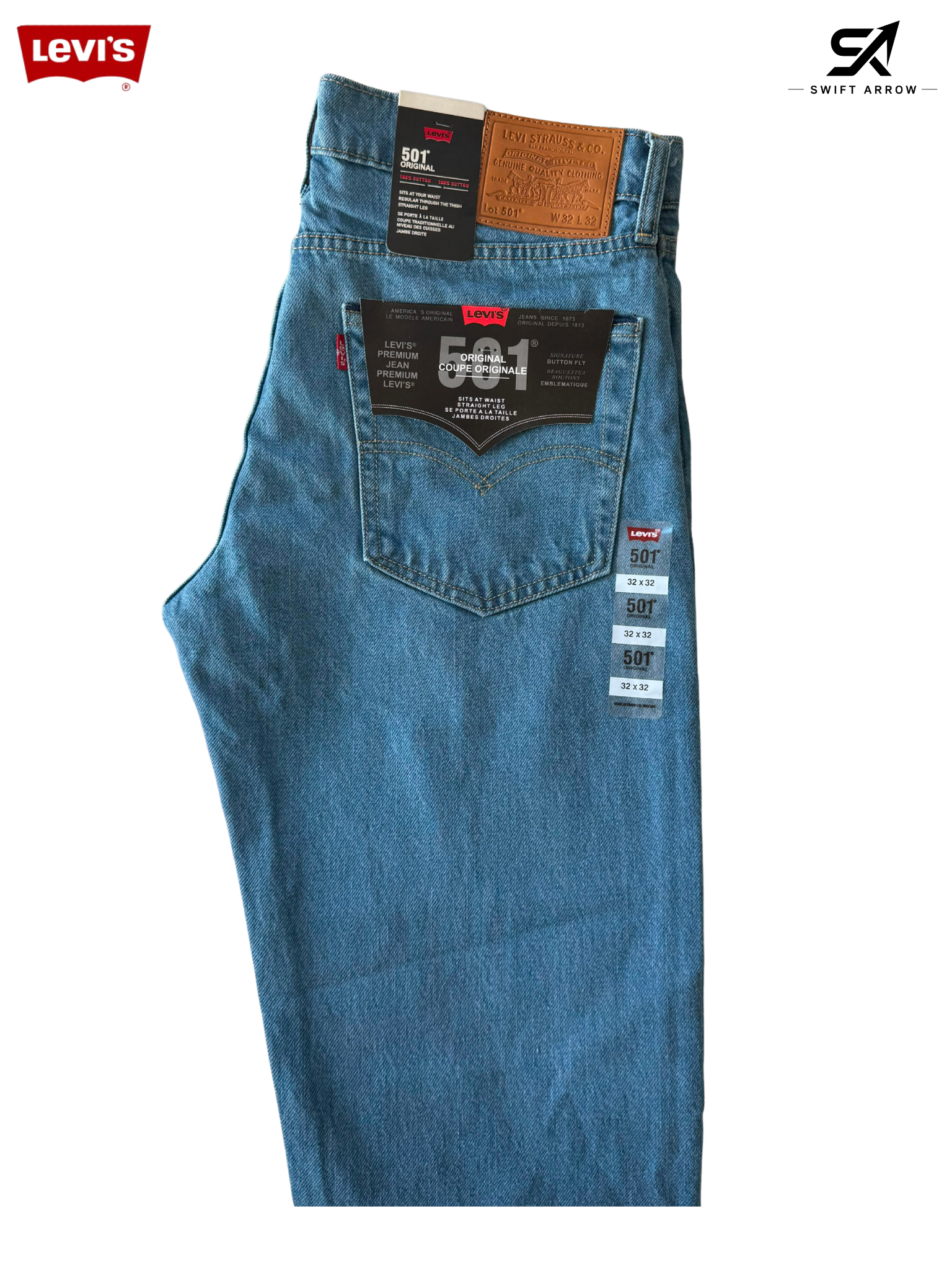Levi's jeans with brand logos on a white background